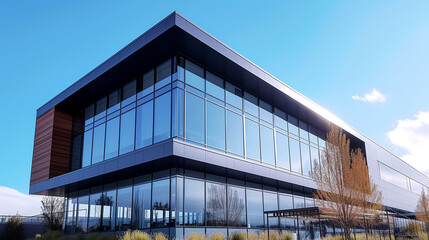 Obraz premium Modern Office Building Showcasing Elegant Design and Materials Against a Blue Sky: Contemporary Workplace Architecture