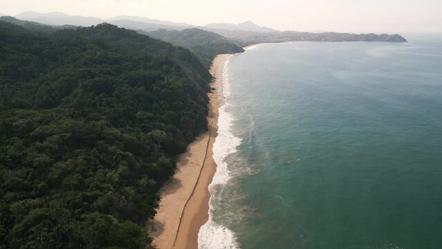 Aerial Drone Landscape of San Pancho Nayarit Beach Pristine Beach, Green Hills in Unpolluted Travel Destination