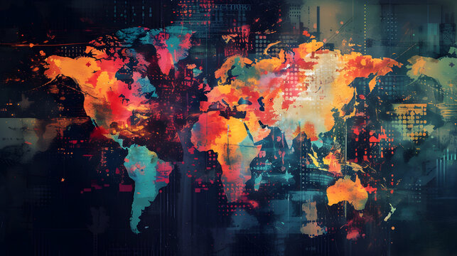 Fototapeta abstract colorful background with the pulse of global communication with an abstract map artwork.