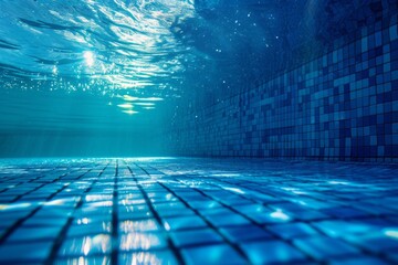 Underwater bright blue swimming pool wall - obrazy, fototapety, plakaty