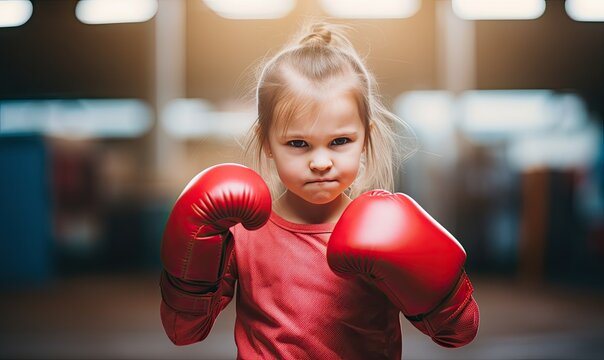 Little Girl Wearing Red Boxing Gloves