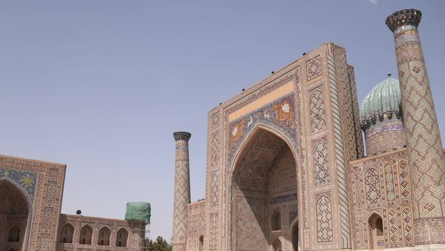 fascade of madrassa and mosque in Samarkand, Uzbekistan along the historic Silk Road