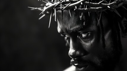 Sacred Savior: Witness the powerful black and white close-up portrait of Jesus Christ adorned with a crown of thorns. Experience divine presence. - obrazy, fototapety, plakaty