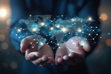 Hands reaching out to new regions Concept of business development through expanding market reach