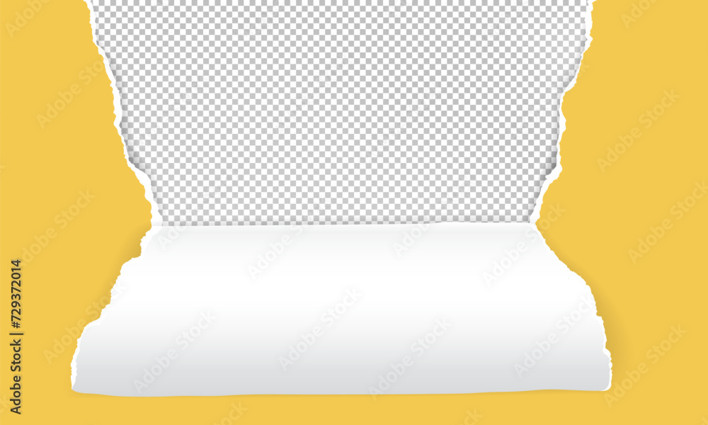 Poster torn, ripped yellow paper with soft shadow is on transparent background for text or ad.