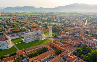 Fototapeta na wymiar Pisa, Italy. Leaning Tower of Pisa. Panoramic view in the morning. Aerial view