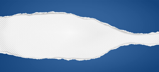 Torn, ripped blue paper strips with soft shadow is on white squared background for text.