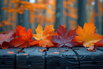 Autumn leaves with empty table in front