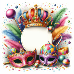 Purim holiday, color design, crown, mask, feathers, masquerade, on a white background, for poster
