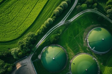Aerial view of green biogas plant storage tanks in green fields