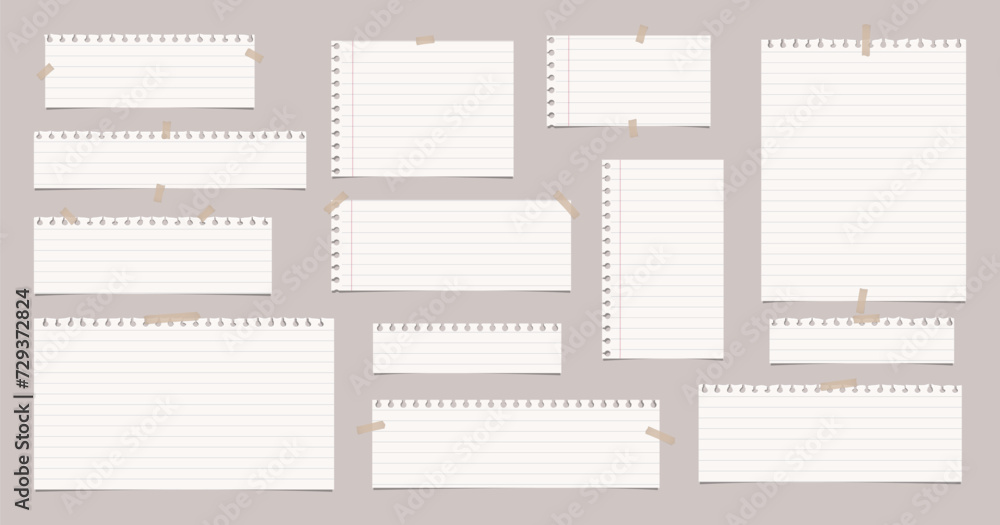 Poster set of cut notebook sheets, lined paper with hard shadow are on brown background for text, notes, ad