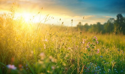 Serene Sunrise in Tranquil Meadows: Realistic Nature Photography with Prime Lighting and Wildflowers