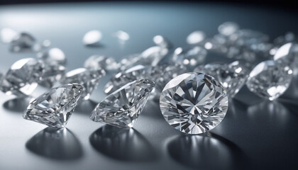 Brilliant cut diamonds sparkle intensely scattered on a reflective surface 10