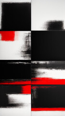 An abstraction of red, black and white. Texture with rectangles and squares in white, red and black paint. Vertical image. Generated AI.