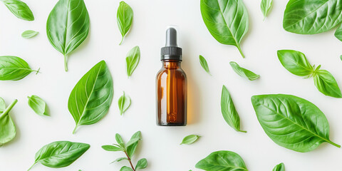  Aromatherapy herbal treatment beauty treatment serum natural face and body care. Organic essential oil in dark glass transparent bottle and fresh leaves on white background - obrazy, fototapety, plakaty