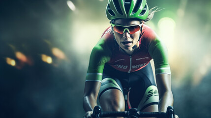Light Green and Black Track: Woman Pushing Her Limits in Cycling Race - obrazy, fototapety, plakaty