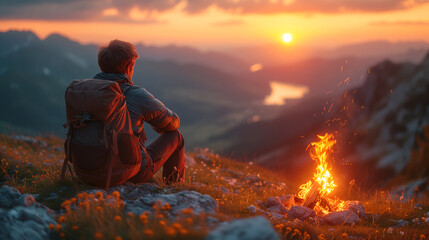 Obraz premium Back view of a hiker sitting beside a campfire, taking in the breathtaking sunset over a mountain landscape and river.