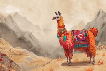 Illustration of cute lama on nature and studio background - obrazy, fototapety, plakaty