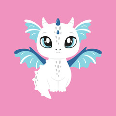 Dragon vector illustration, cute portrait, little child, baby face, wings, symbol of the year, character. Cutie, funny baby animal face, portrait. Illustration for printing on fabric, postcard, print