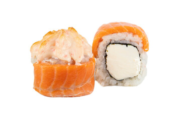 Sushi roll on a white background with Philadelphia cheese and salmon.