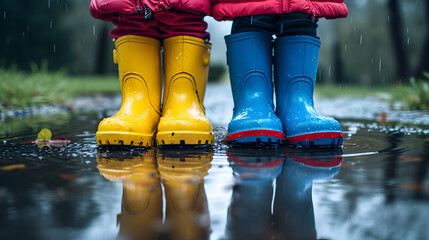 Autumn Adventures: Happy Children in Bright Pink Rubber Boots. Generative AI