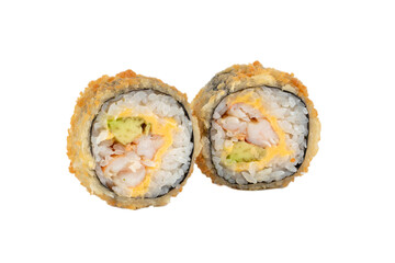 Sushi roll on a white background with Philadelphia cheese and salmon breaded with dried tuna.