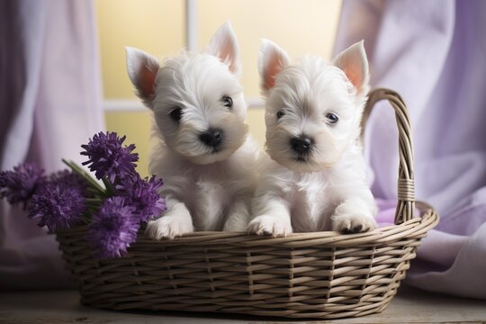 High quality west highland white terrier puppies in basket by window with lilacs