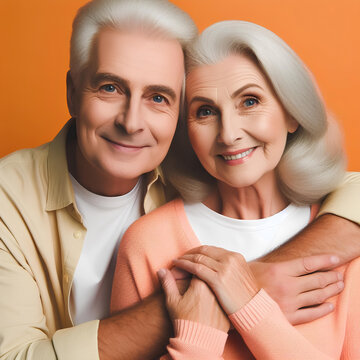 Portrait of affectionate senior couple on orange background