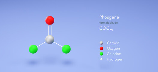 phosgene molecule, molecular structures, industrial building block, 3d model, Structural Chemical Formula and Atoms with Color Coding