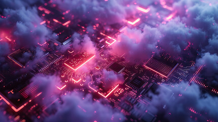 digital neon cloud over cpu motherboard, cloud computing technology transformation concept - AI Generated Abstract Art - obrazy, fototapety, plakaty