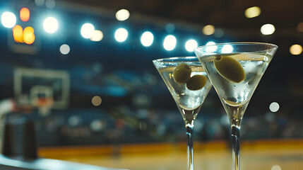 Cinematic wide angle photograph of two martini glasses with an olive at a basketball stadium....