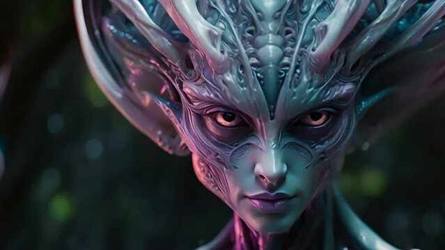 Close-up of the face of an alien creature with glowing blue eyes and silvery skin. Generative AI