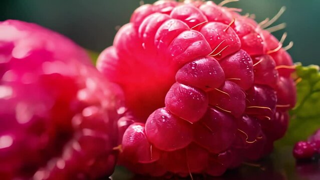 Bright juicy raspberry in macro, shimmering in the sun's rays. Generative AI