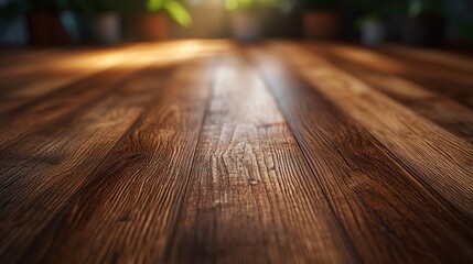 Exquisite wooden table surface glowing with the warmth of natural light - obrazy, fototapety, plakaty