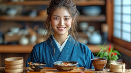 そばを楽しむ和服の輝く日本女性