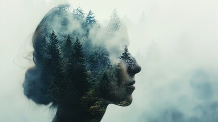 Mindful Fusion: Woman merges with nature in stunning double exposure. Explore the wilderness within. Unlock your inner green paradise. - obrazy, fototapety, plakaty