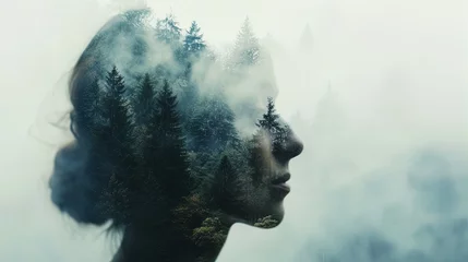 Mindful Fusion: Woman merges with nature in stunning double exposure. Explore the wilderness within. Unlock your inner green paradise. © Alex