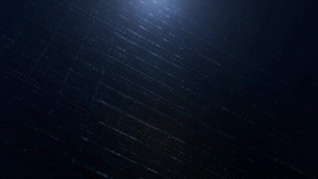 A visualization of lines of blue code cascading down a dark, virtual space backdrop.