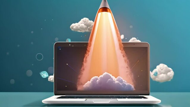 A bright blue rocket taking off from a laptop monitor, leaving thick clouds of smoke underneath. Generative AI - 50 keywords