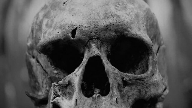 Human skull. Bones of human skull. The face of death. Theme of life and death, past and present. Cinema 4K Slow Motion video in retro style with cinema effects, old filming