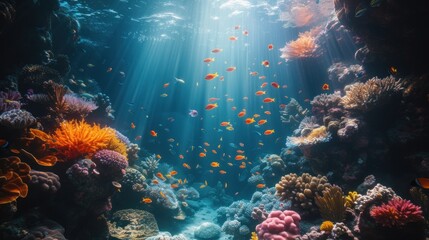 Fototapeta na wymiar Colorful Underwater World Coral reef as a habitat for various types of fish with copy space area. wallpaper . Ai Generated