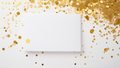 Blank text card surrounded by golden glitter particles, confetti or sequins. Greeting card or invitation for celebration of anniversary, wedding, New Year's wishes, Birthday, New Year's Eve party. Mar