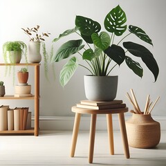 A beautiful Monstera flower. House plants. The concept of minimalism. Hipster scandinavian style room interior. Empty white wall and copy. 