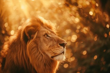 the lion is standing with a golden backdrop