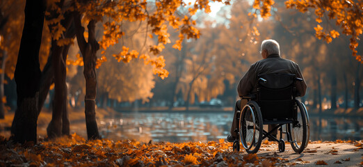 An old man in the wheelchair sitting in the empty park and enjoying the view, view from behind. Aging and adolescence concept. - obrazy, fototapety, plakaty