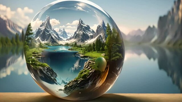 A glass transparent ball displaying the beauty of the snow-capped mountains and the crystal clear lake at the foot of the mountain. Generative AI
