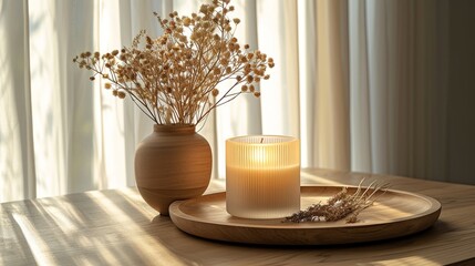 Serene home atmosphere with aromatic candle and dried flowers in vase