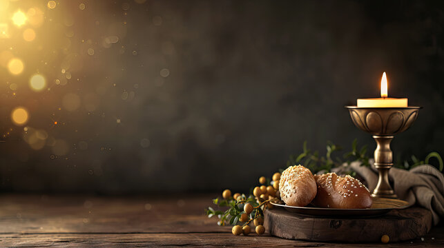 Lit candle, breads, towel and flowers on wooden table againsts black wall and bokeh light background with copy space for Holy week Maundy Thursday - AI Generated - Powered by Adobe
