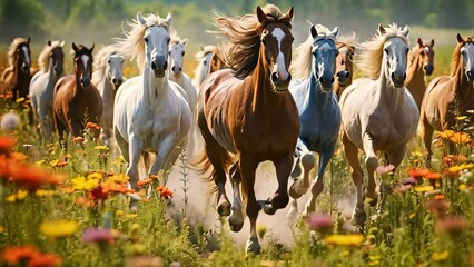 A herd of wild horses gallops across a field of flowers, their manes fluttering in the wind. Generative AI