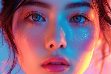 Face of Woman cosmetic closeup beauty portrait healthy care skin and hair over multicolor neon light background.